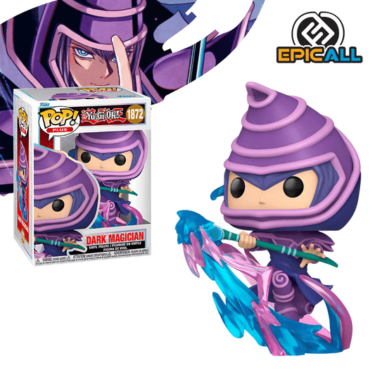 Un Funko POP de Dark Magician de Yu-Gi-Oh!. La figura tiene una armadura mágica púrpura con detalles dorados, un sombrero alto y puntiagudo, y una expresión seria. Sostiene un largo báculo con una joya en la punta. La figura tiene los ojos grandes y redondos, característicos de los Funko POP. La caja del Funko POP se ve detrás de la figura.