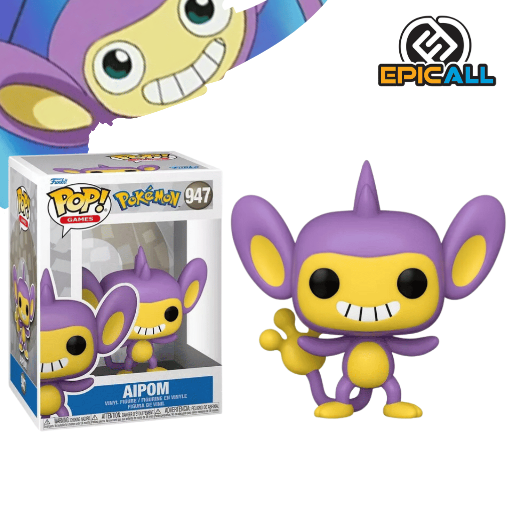 Una figura de vinilo de Aipom, un Pokémon de tipo normal. Aipom tiene un pelaje morado y amarillo, con una cola larga y prensil. Está en una pose juguetona, con los brazos extendidos. La figura está colocada sobre una base.