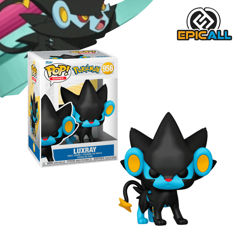 Una figura de vinilo de Luxray, un Pokémon de tipo eléctrico. Luxray tiene un pelaje negro brillante con detalles azules, y ojos amarillos brillantes. Está en una pose poderosa, listo para atacar. La figura está colocada sobre una base.