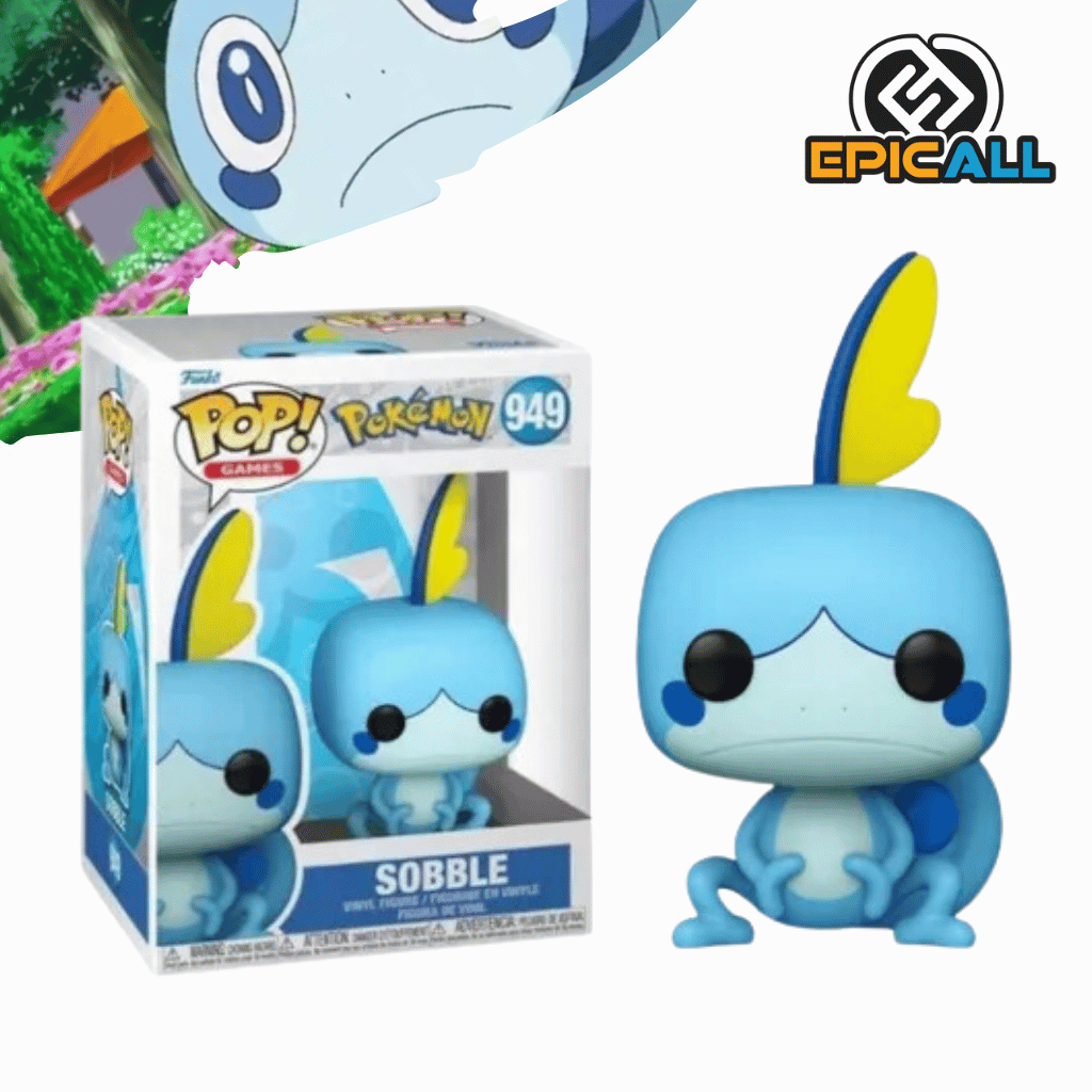 Una figura de vinilo de Sobble, un Pokémon de tipo agua. Sobble tiene un cuerpo azul, una cabeza grande y ojos grandes. Está sentado en una pose relajada y tiene una expresión triste. La figura está colocada sobre una base.
