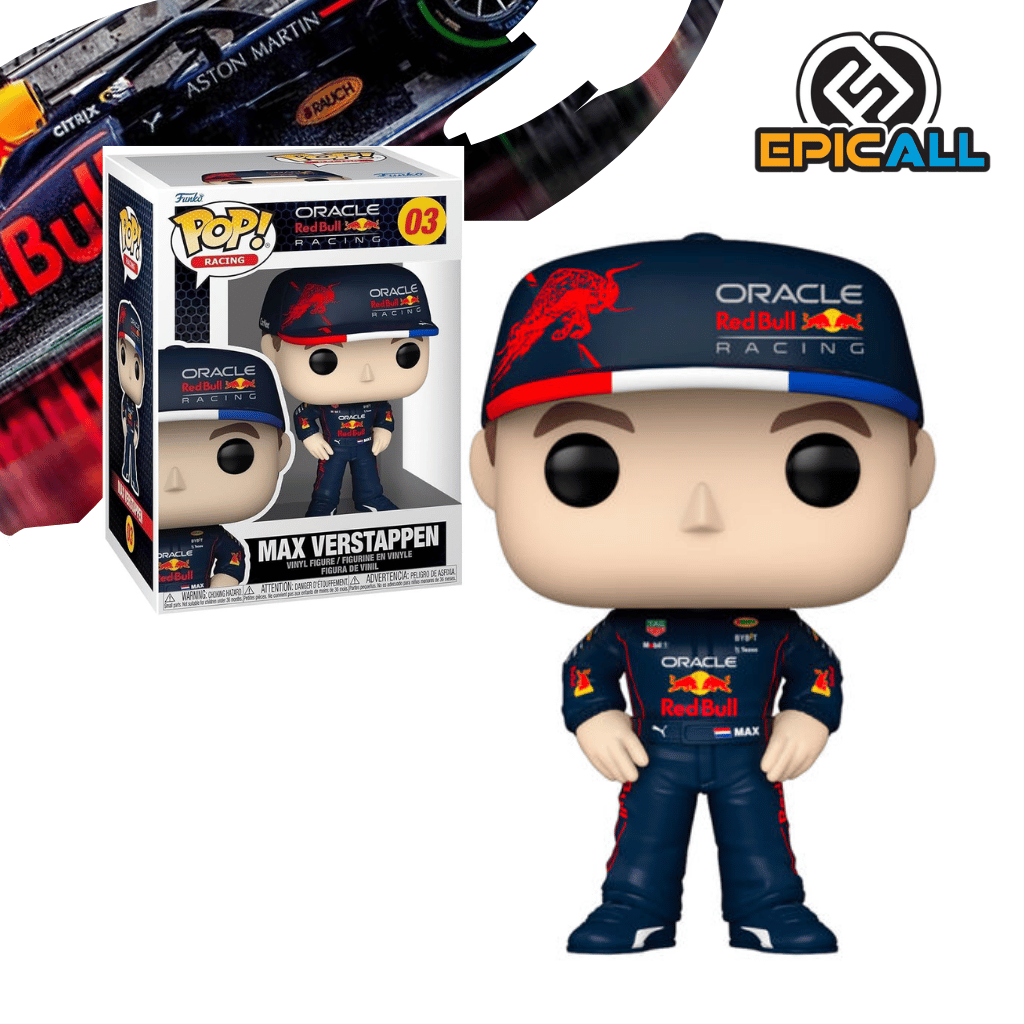 Un Funko POP del piloto de Fórmula 1 Max Verstappen. La figura viste un traje de carreras azul oscuro de Red Bull Racing con el logo de "Oracle Red Bull Racing" en el pecho, y una gorra azul oscuro con el logo de Red Bull en la parte delantera y un diseño de un toro rojo en el lateral. La figura tiene el número "03" en el lado derecho de la gorra. La figura tiene los ojos grandes y redondos, característicos de los Funko POP. La caja del Funko POP se ve detrás de la figura.