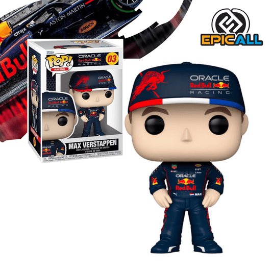 Un Funko POP del piloto de Fórmula 1 Max Verstappen. La figura viste un traje de carreras azul oscuro de Red Bull Racing con el logo de "Oracle Red Bull Racing" en el pecho, y una gorra azul oscuro con el logo de Red Bull en la parte delantera y un diseño de un toro rojo en el lateral. La figura tiene el número "03" en el lado derecho de la gorra. La figura tiene los ojos grandes y redondos, característicos de los Funko POP. La caja del Funko POP se ve detrás de la figura.