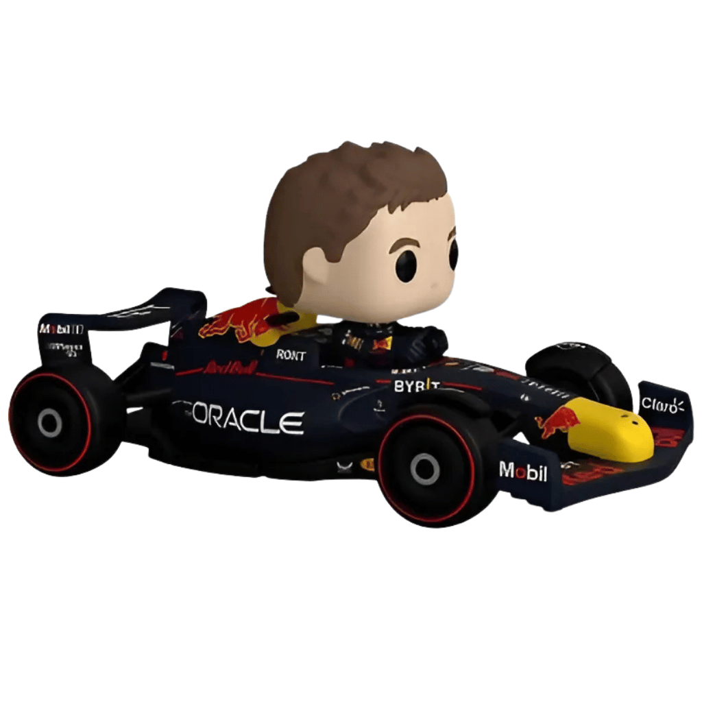 Funko Pop! Rides Max Verstappen En Automovil #307, fondo blanco.