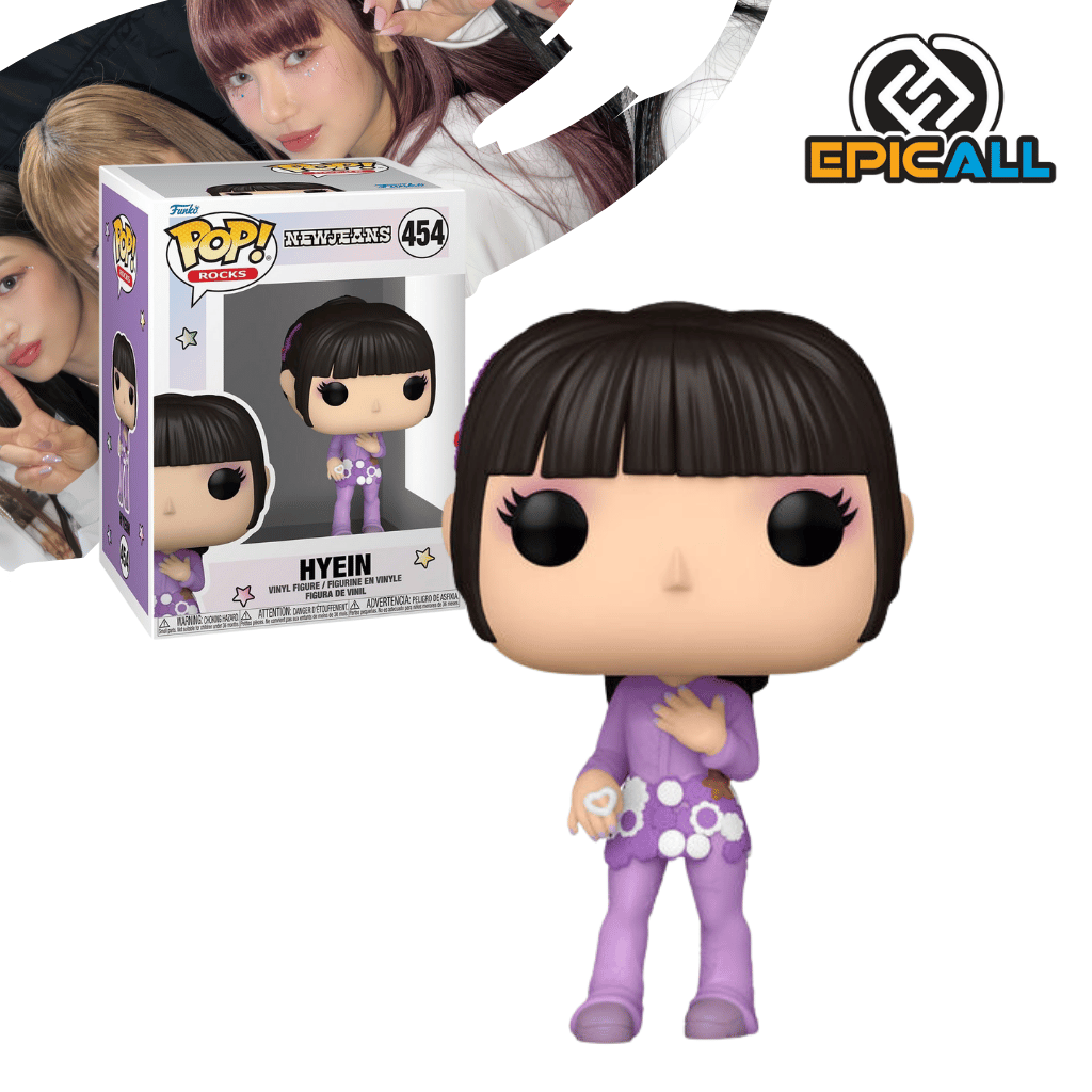 Un Funko POP de Hyein de NewJeans. La figura tiene el pelo liso y oscuro con flequillo, y viste un top corto de color lavanda con flores blancas, y pantalones a juego. Tiene los ojos grandes y redondos, característicos de los Funko POP. La caja del Funko POP se ve detrás de la figura