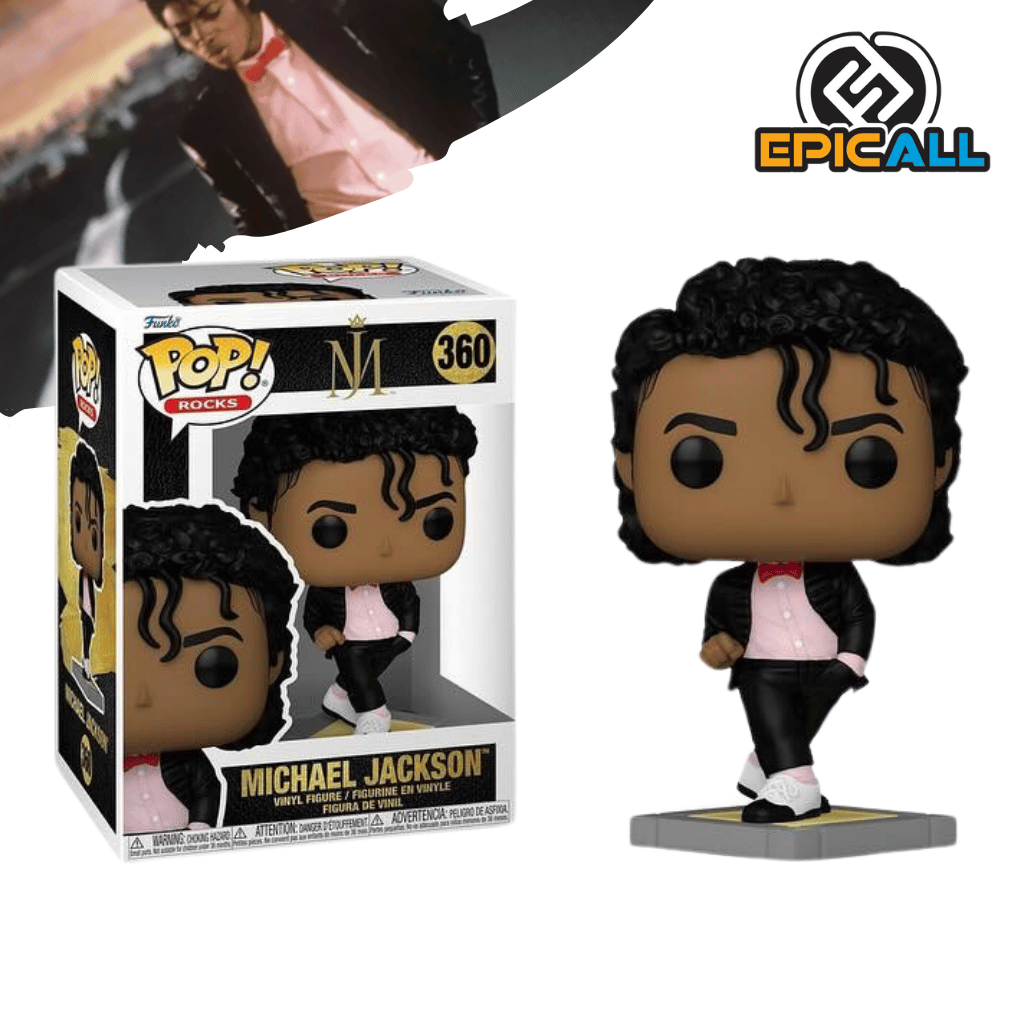 Una figura de vinilo de Michael Jackson, el Rey del Pop. Michael Jackson está representado con su icónico traje negro, sombrero y guante. Está realizando el famoso paso de baile de "Billie Jean". La figura está colocada sobre una base.