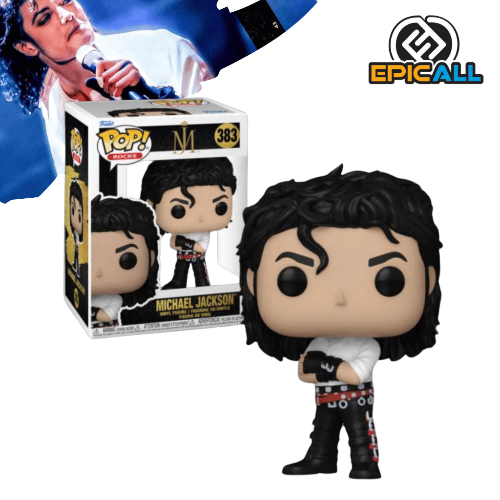 Una figura de vinilo de Michael Jackson, el Rey del Pop, interpretando su canción "Dirty Diana". Michael Jackson está representado con su característico pantalon negro, polera blanca y correa roja. La figura está colocada sobre una base.