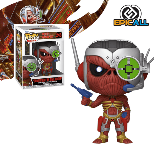 Un Funko POP de Eddie de Iron Maiden, con su diseño de cyborg del álbum "Somewhere in Time". La figura tiene un cuerpo de color carne rojizo con detalles de esqueleto en el pecho, botas y guantes rojos. Su cabeza es metálica y plateada, con un ojo cibernético verde y cables que se extienden. Sostiene un arma futurista azul en su mano derecha. La figura tiene un diseño característico de Funko POP, con cabeza grande y ojos redondos.