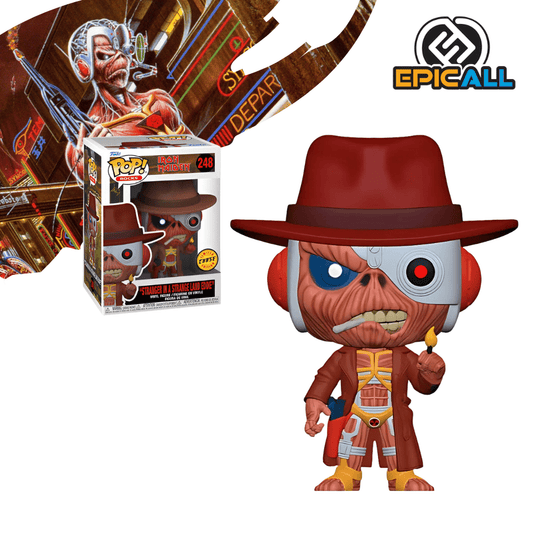 Un Funko POP de Eddie de Iron Maiden, con su diseño de cyborg del álbum "Somewhere in Time". La figura tiene un cuerpo de color carne rojizo con detalles de esqueleto en el pecho, botas, sombrero y guantes rojos. Su cabeza es metálica y plateada, con un ojo cibernético verde y cables que se extienden. Sostiene un arma futurista azul en su mano derecha. La figura tiene un diseño característico de Funko POP, con cabeza grande y ojos redondos. Esta es la version chase.