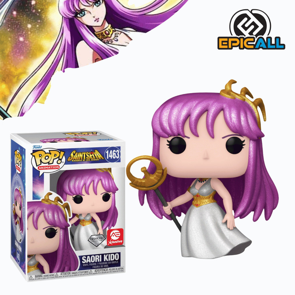 Una figura de vinilo de Saori Kido, la reencarnación de la diosa Athena en el anime Los Caballeros del Zodiaco. Saori Kido está representada con un vestido blanco y dorado, y una tiara. Tiene una expresión serena y está de pie sobre una base.