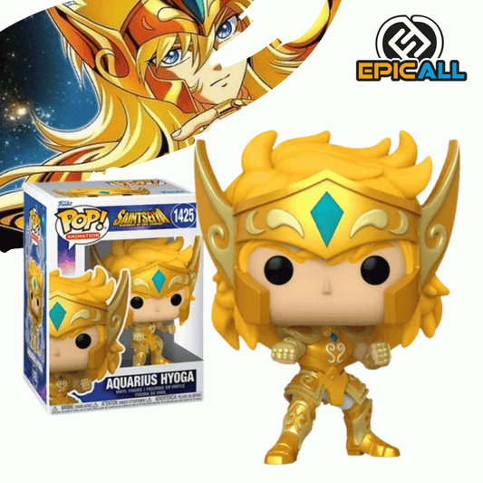 Una figura de vinilo de Hyoga, el caballero de bronce de Acuario en la serie Saint Seiya. Hyoga está representado con su armadura dorada y su cabello amarillo largo. Tiene una expresión seria y está en una pose de combate. La figura está colocada sobre una base.