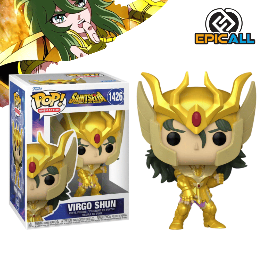 Una figura de vinilo de Shun de Virgo, un personaje del anime Los Caballeros del Zodiaco. Shun está representado con su armadura dorada de Virgo, con un diseño detallado y una expresión pacífica. La figura está colocada sobre una base.