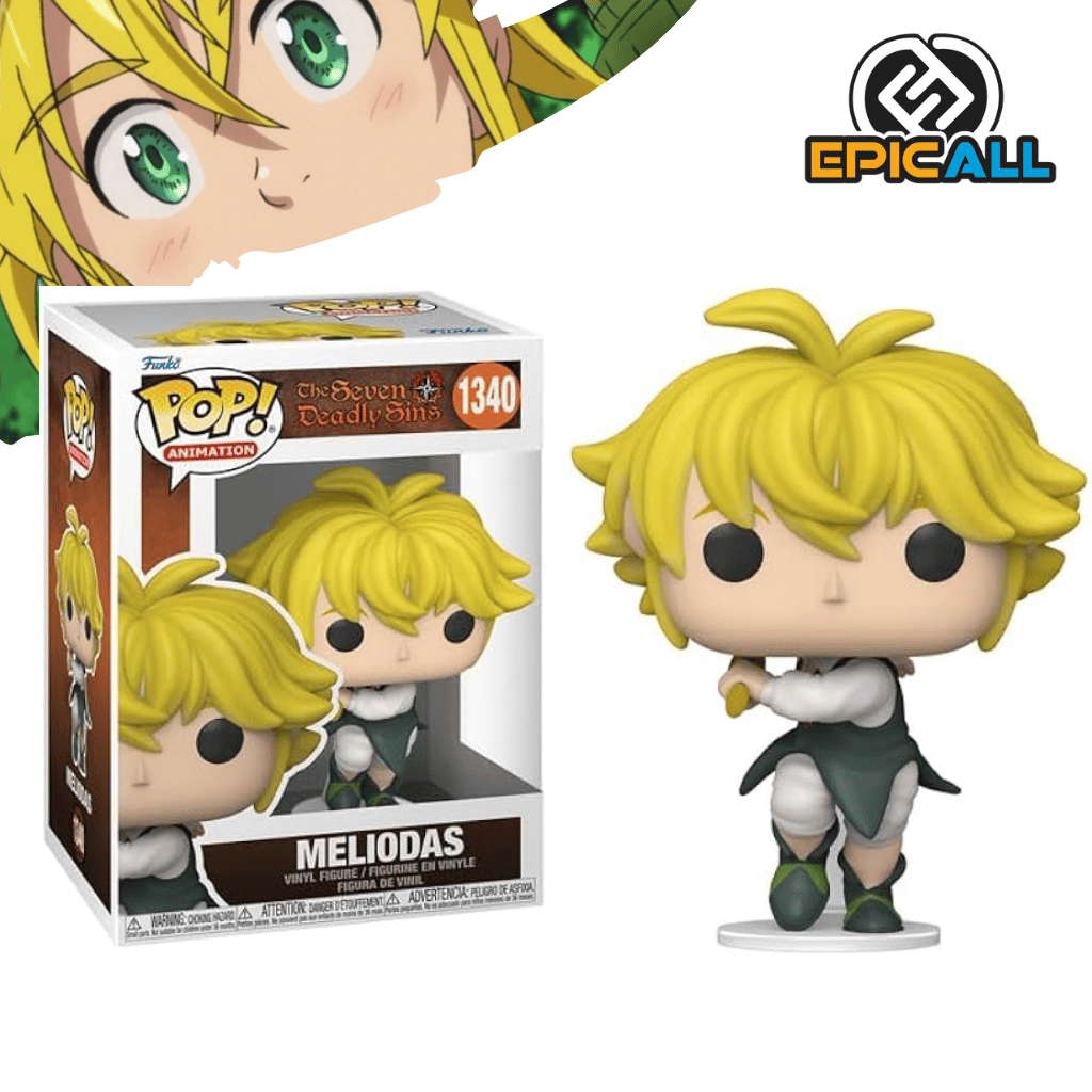 Una figura de vinilo de Meliodas, el protagonista del anime Los Siete Pecados Capitales. Meliodas está representado con su cabello dorado y una expresión determinada, realizando una pose de combate. Tiene un atuendo de color negro y dorado. La figura está colocada sobre una base.