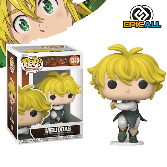 Una figura de vinilo de Meliodas, el protagonista del anime Los Siete Pecados Capitales. Meliodas está representado con su cabello dorado y una expresión determinada, realizando una pose de combate. Tiene un atuendo de color negro y dorado. La figura está colocada sobre una base.