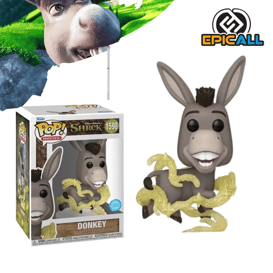 Una figura de vinilo del Burro, el compañero de Shrek. El Burro es de color marrón y blanco, con una gran sonrisa y orejas largas. Está representado en una pose divertida y está rodeado de un efecto brillante. La figura está colocada sobre una base.