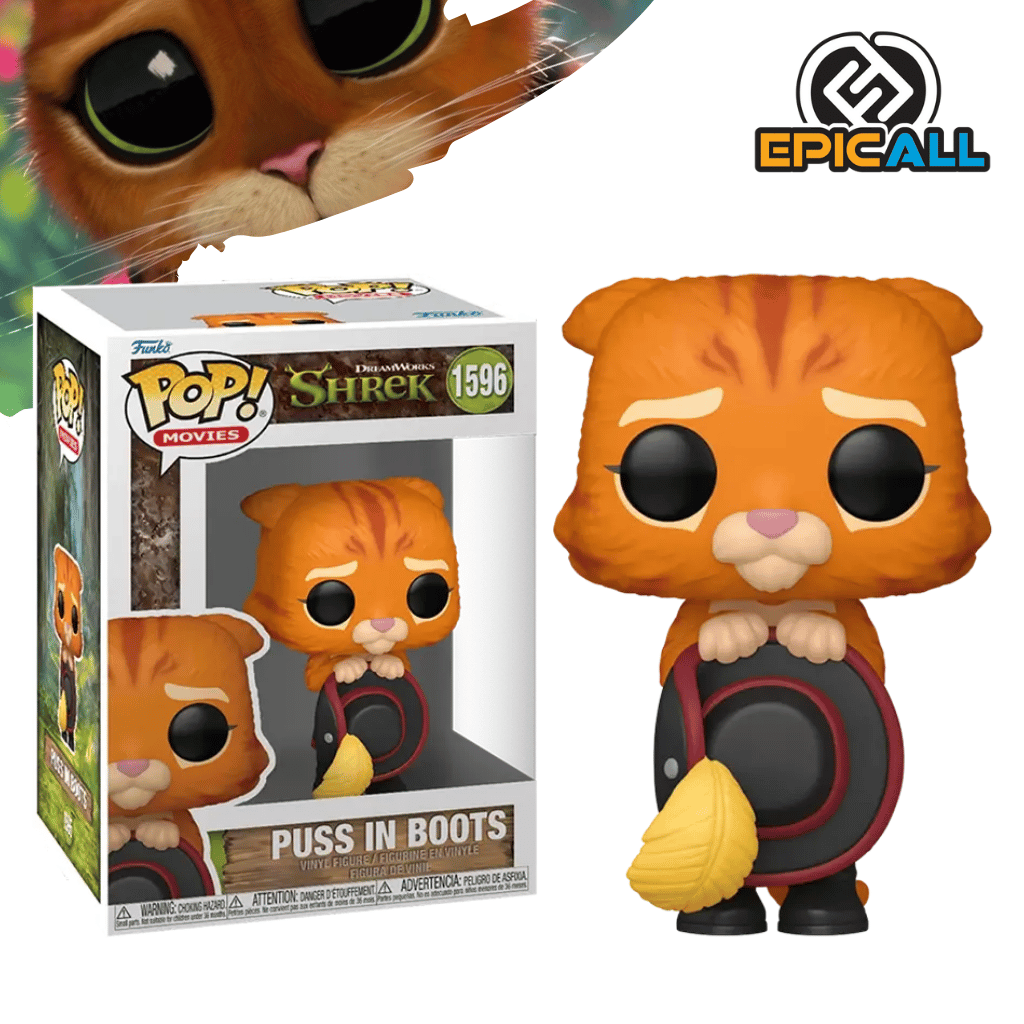 Una figura de vinilo del Gato con Botas, un personaje de la saga de Shrek. El Gato con Botas está representado con su sombrero, botas y espada. Tiene una expresión pícara y está de pie sobre una base.