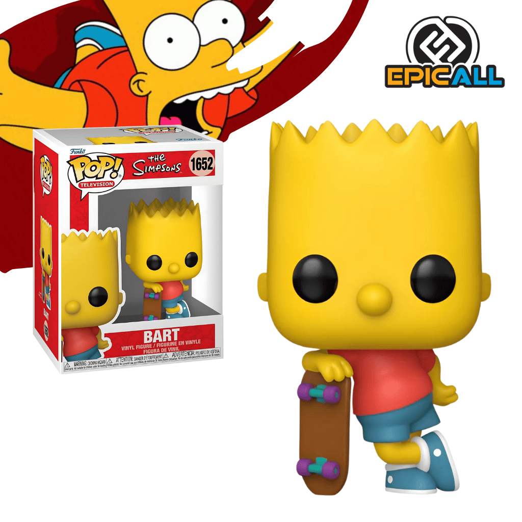 Un Funko POP de Bart Simpson. La figura tiene la cabeza redonda y amarilla con el pelo puntiagudo de color amarillo oscuro. Viste una camiseta naranja y pantalones cortos azules. Tiene los ojos grandes y negros característicos de los Funko POP. La caja del Funko POP se ve detrás de la figura.