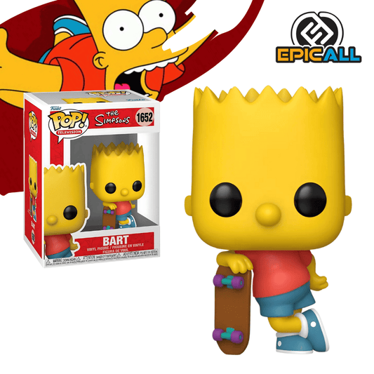 Un Funko POP de Bart Simpson. La figura tiene la cabeza redonda y amarilla con el pelo puntiagudo de color amarillo oscuro. Viste una camiseta naranja y pantalones cortos azules. Tiene los ojos grandes y negros característicos de los Funko POP. La caja del Funko POP se ve detrás de la figura.