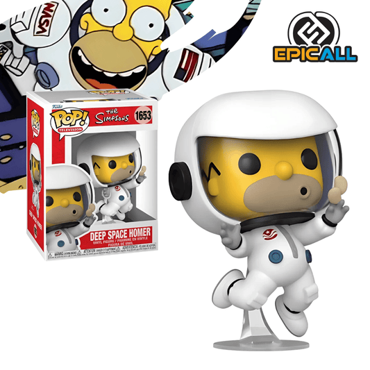 Un Funko POP de Homer Simpson vestido con un traje espacial blanco y un casco transparente. Homer tiene su distintiva piel amarilla y ojos grandes y redondos, característicos de los Funko POP. La caja del Funko POP se ve detrás de la figura.