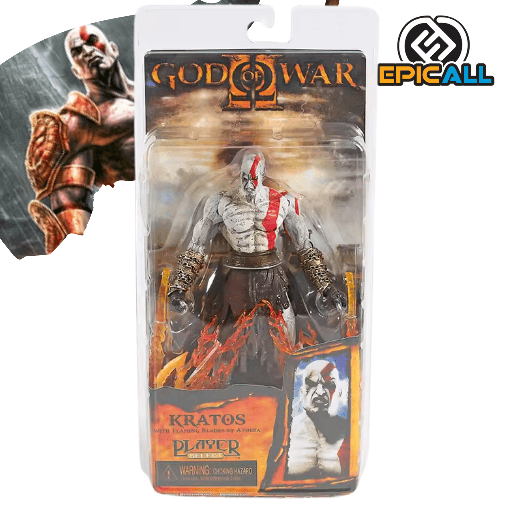 Una figura de acción de Kratos, el protagonista de la saga de videojuegos God of War. Kratos está representado con su armadura y armas características, las Espadas del Caos. Está en una pose de combate, con una expresión facial de ira. La figura está empaquetada en un blister transparente.
