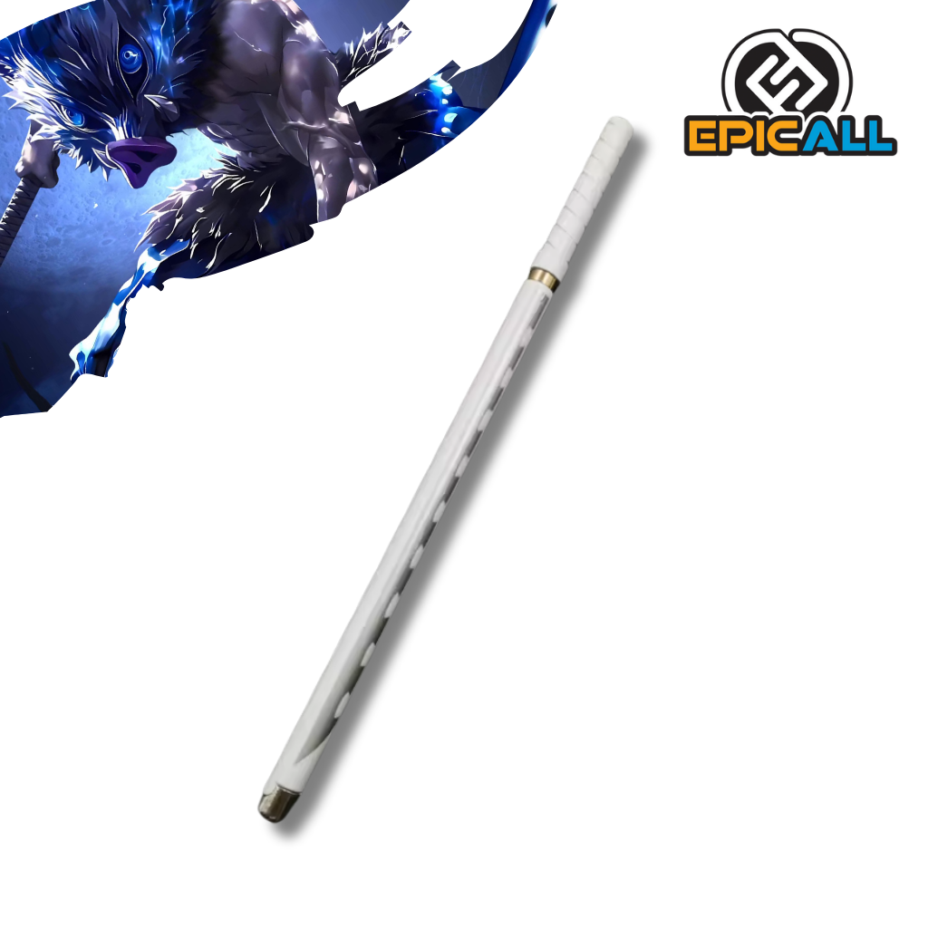 Un lapicero de color blanco con un diseño inspirado en las katanas de Inosuke Hashibira, un personaje del anime Demon Slayer. El lapicero tiene una forma alargada y delgada, con detalles decorativos que imitan la empuñadura de una katana.