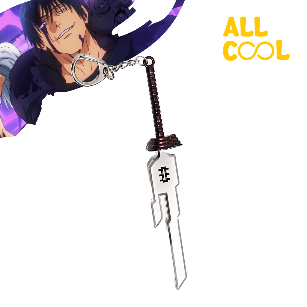 Llavero metálico con forma de espada, inspirada en la espada de Toji Fushiguro, personaje del anime Jujutsu Kaisen. La espada tiene un diseño detallado con colores negros y plateados.