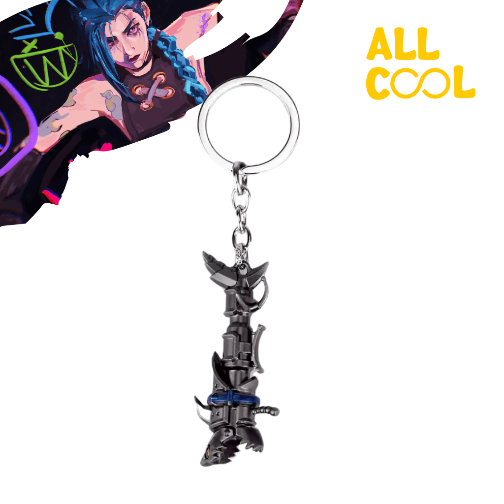 Un llavero de acero con la forma del arma Fishbones de Jinx, del videojuego League of Legends y la serie Arcane. El llavero tiene un acabado brillante y mide 7 cm de largo aproximadamente.