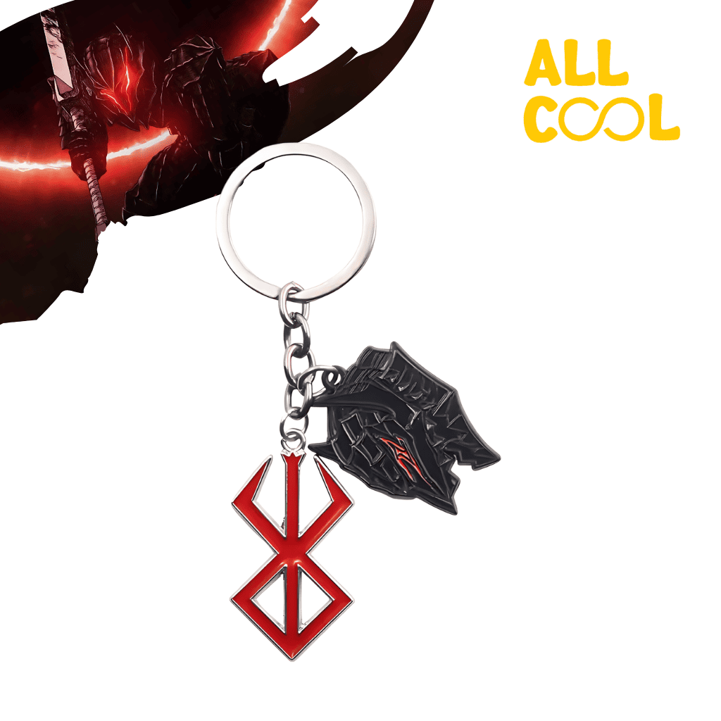 Un llavero de acero con el logo de Berserk, un símbolo con forma de runa. El llavero mide 9.2 cm de largo y tiene un acabado brillante.