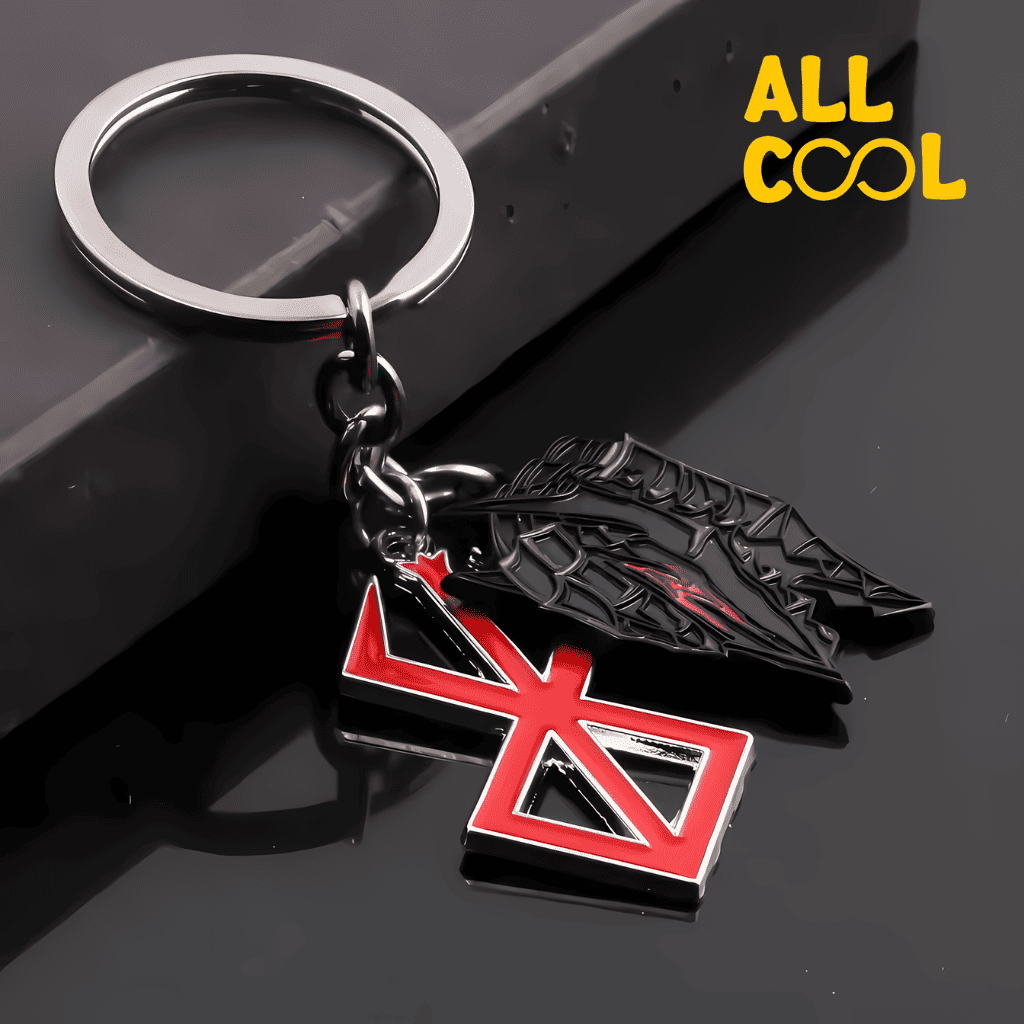 Foto real del llavero en un fondo oscuro, donde aprecia el hermoso color rojo del logo