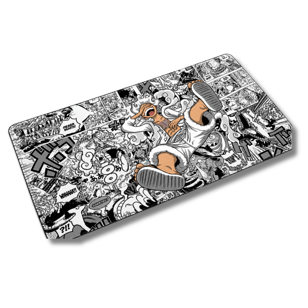 Mouse pad gamer rectangular de 30x60 cm con diseño monocromático de Monkey D. Luffy en su transformación Gear Five riendo alegremente, sobre un fondo de paneles de manga de One Piece y dimensiones aproximadas junto al logotipo de Epicall.