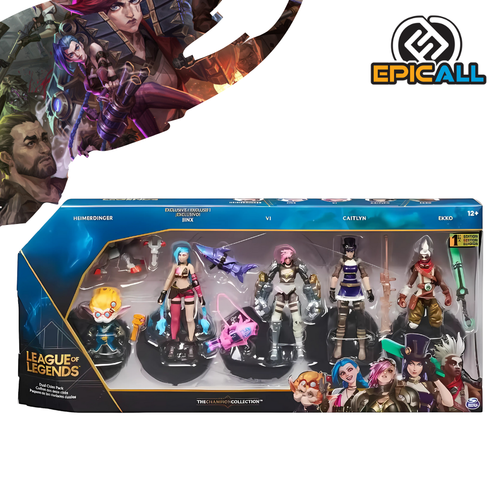 Un conjunto de cinco figuras de acción de los personajes de la serie animada Arcane, basada en el juego League of Legends. Las figuras incluyen a Jinx, Vi, Caitlyn, Heimerdinger y Ekko. Cada figura está representada en una pose dinámica y con detalles realistas.