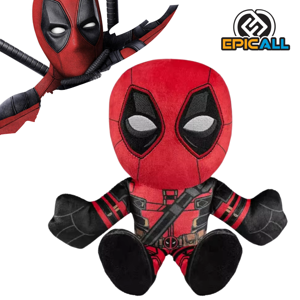 Un peluche de Deadpool, un superhéroe de Marvel. Deadpool es de color rojo y negro, con un traje ajustado y una máscara. Tiene dos espadas y una expresión divertida y sarcástica. 20 cm