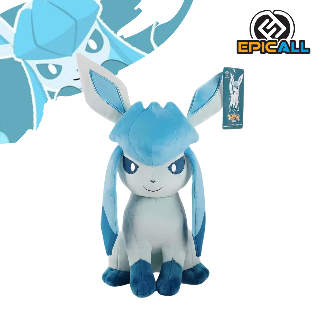 Peluche de un Pokémon tipo hielo llamado Glaceon. Tiene un pelaje suave y azul claro, con ojos brillantes y una expresión amistosa