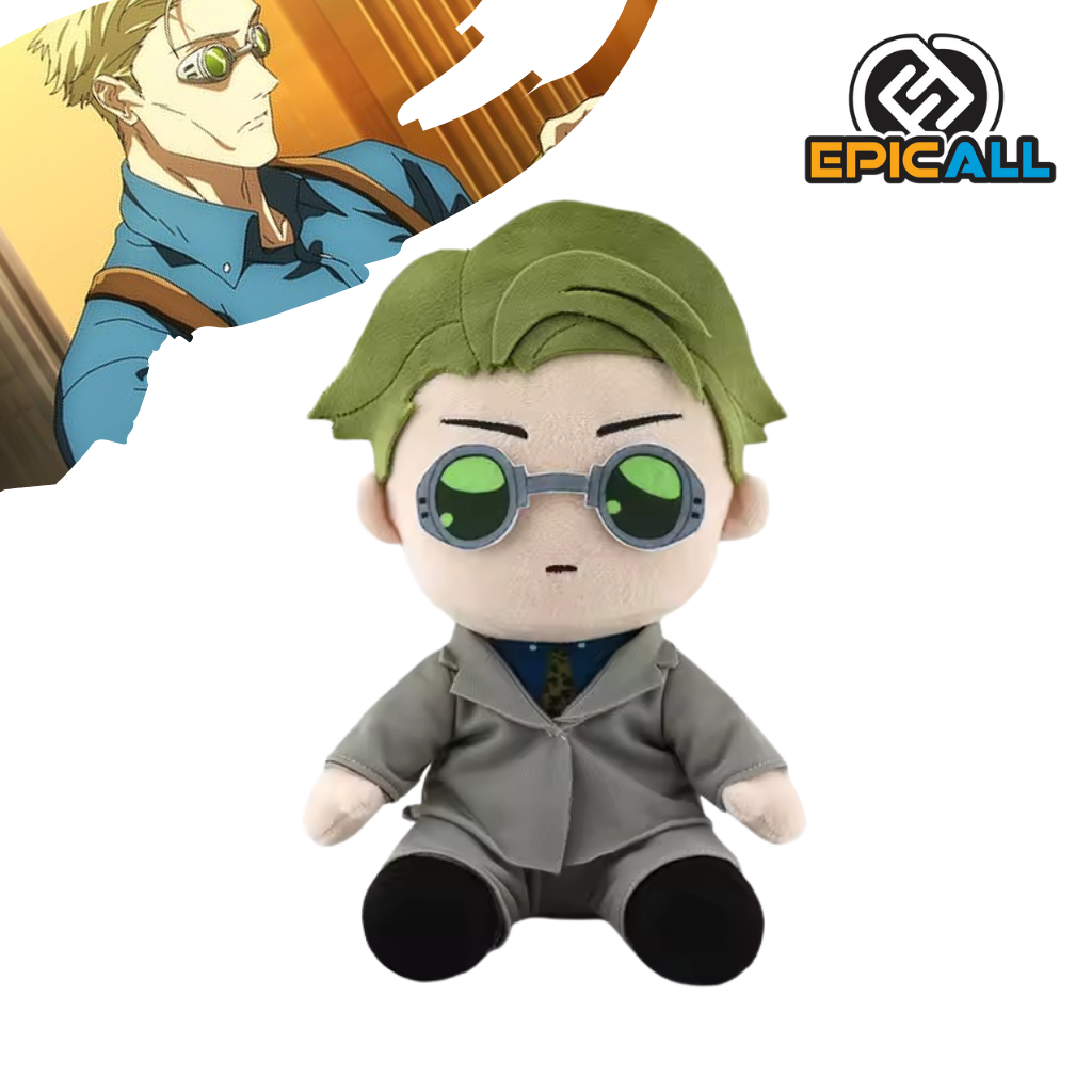 Un peluche de Kento Nanami, un personaje del anime Jujutsu Kaisen. Nanami es un hombre adulto con cabello verde y ojos azules. Lleva un traje gris y gafas. El peluche está sentado y tiene una expresión serena.