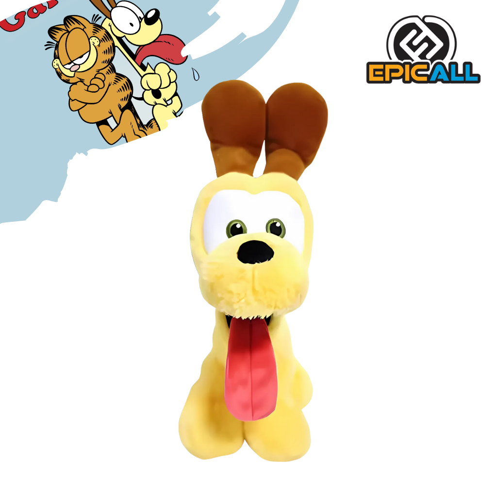 Un peluche de Odie, el perro de Garfield. Odie es de color amarillo, con orejas marrones y una lengua larga y roja. Tiene una expresión amigable y está sentado.