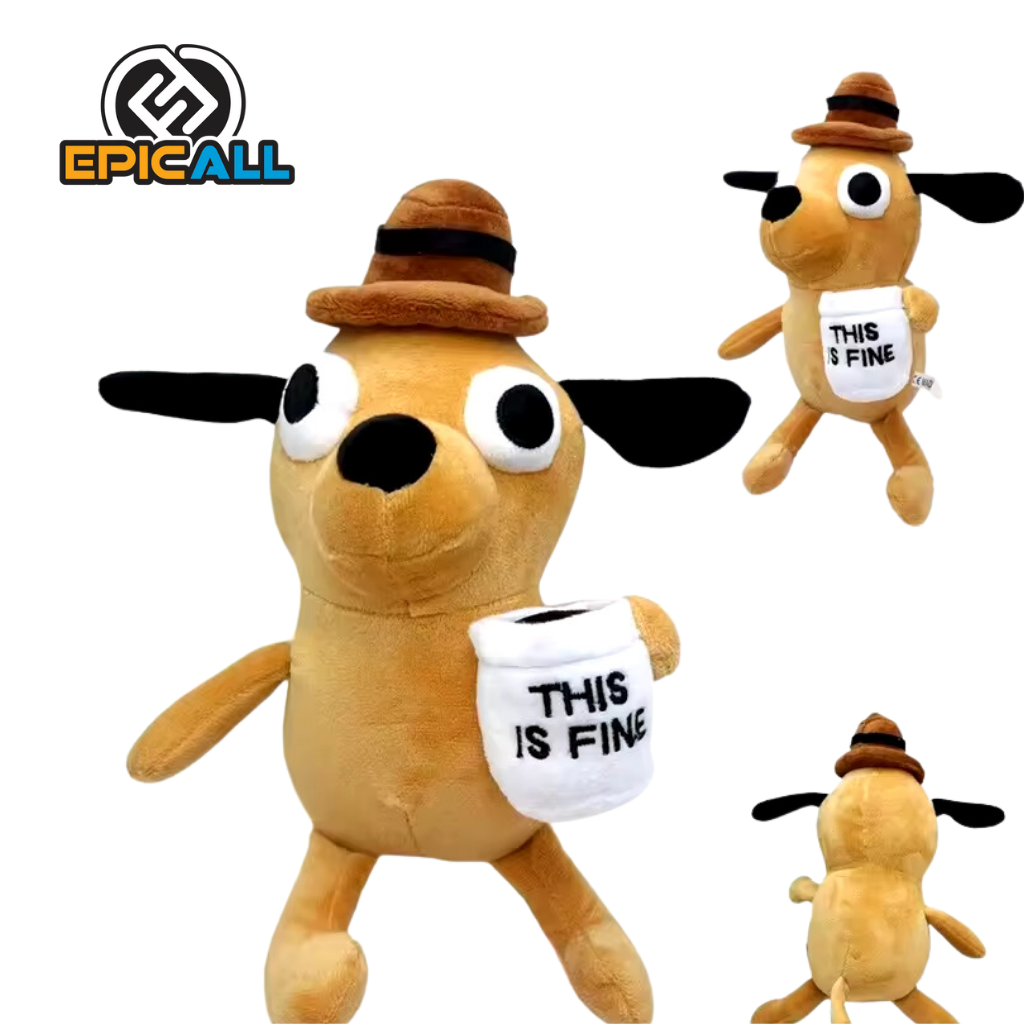 Un peluche de un perro sosteniendo una taza y mirando hacia adelante con una expresión tranquila. . El perro es de color marrón claro