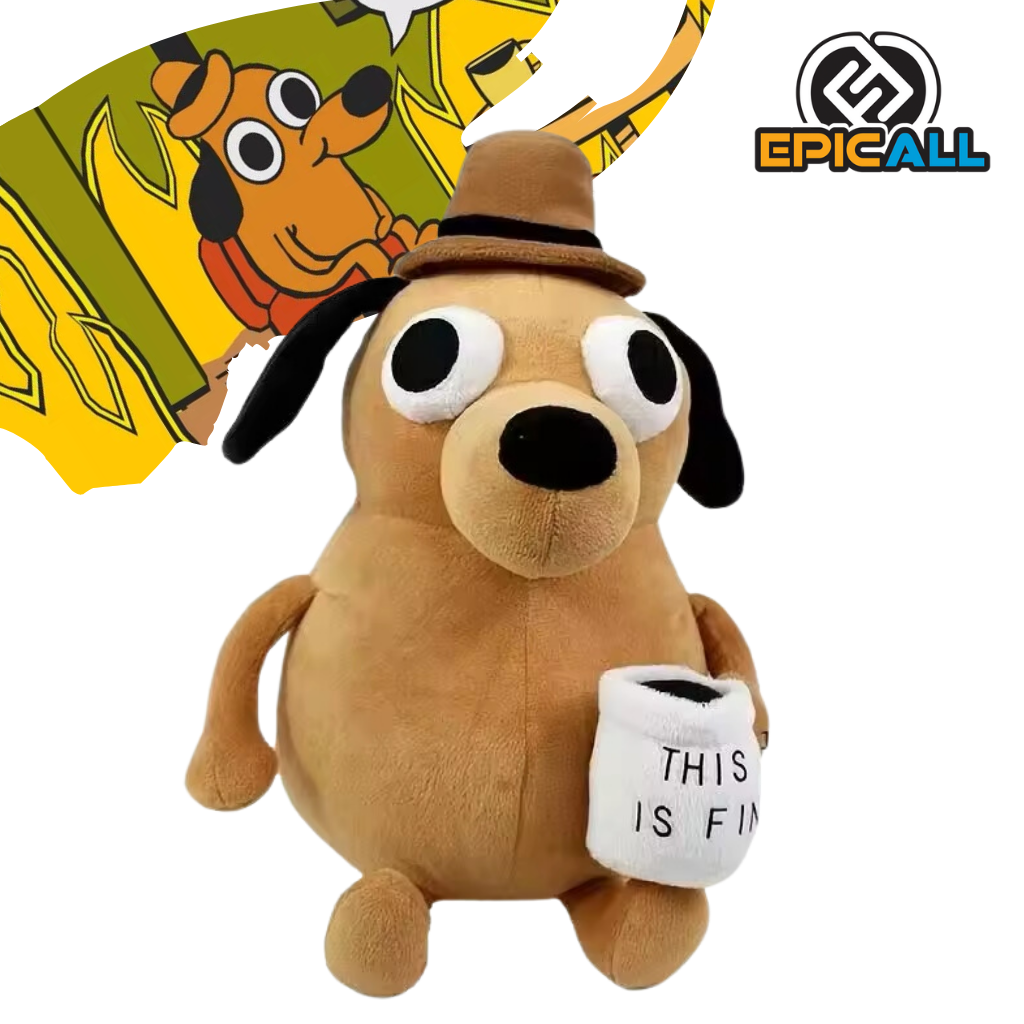 Un peluche de un perro, sosteniendo una taza y mirando hacia adelante con una expresión tranquila. El perro es de color marrón claro