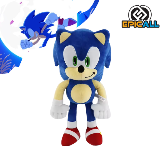 Un peluche de Sonic, el personaje principal de la saga de videojuegos Sonic the Hedgehog. Es de color azul con púas en la cabeza y zapatos rojos. Tiene una expresión alegre y está en una pose dinámica, listo para correr.