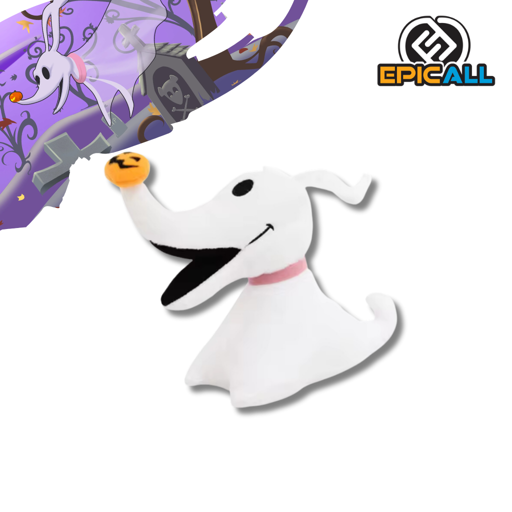 Un peluche de Zero, el perro fantasma de la película Pesadilla Antes de Navidad. Zero es de color blanco, tiene una nariz de calabaza naranja y orejas largas y puntiagudas. Tiene una expresión amistosa y está sentado.