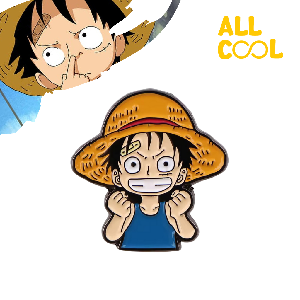 Un pin metálico de Luffy, el protagonista del anime One Piece. El pin representa a Luffy con su característico sombrero de paja y una expresión sonriente. Es de color amarillo, negro y azul.