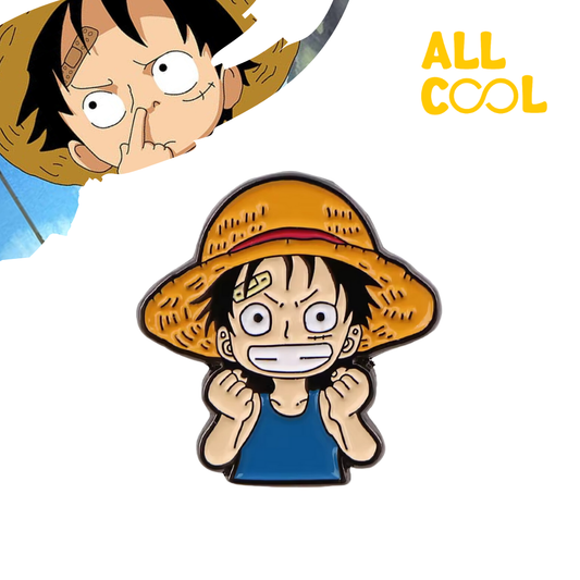 Un pin metálico de Luffy, el protagonista del anime One Piece. El pin representa a Luffy con su característico sombrero de paja y una expresión sonriente. Es de color amarillo, negro y azul.