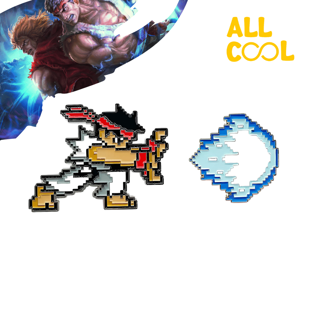Pin metálico con el diseño de Ryu lanzando un Hadoken del videojuego Street Fighter. El pin es multicolor y tiene un acabado brillante.