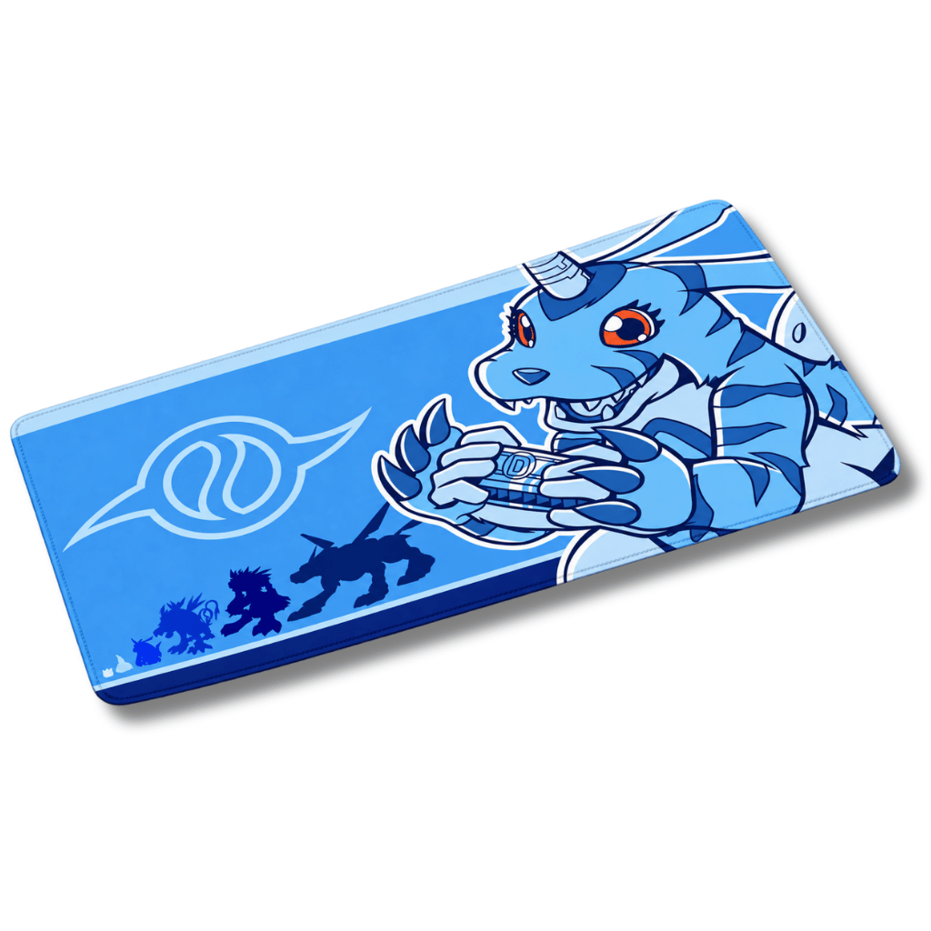Mouse pad gamer rectangular de 30x60 cm con diseño de Gabumon de Digimon en tonos azules, mostrando su línea evolutiva en siluetas y el emblema de la Amistad.