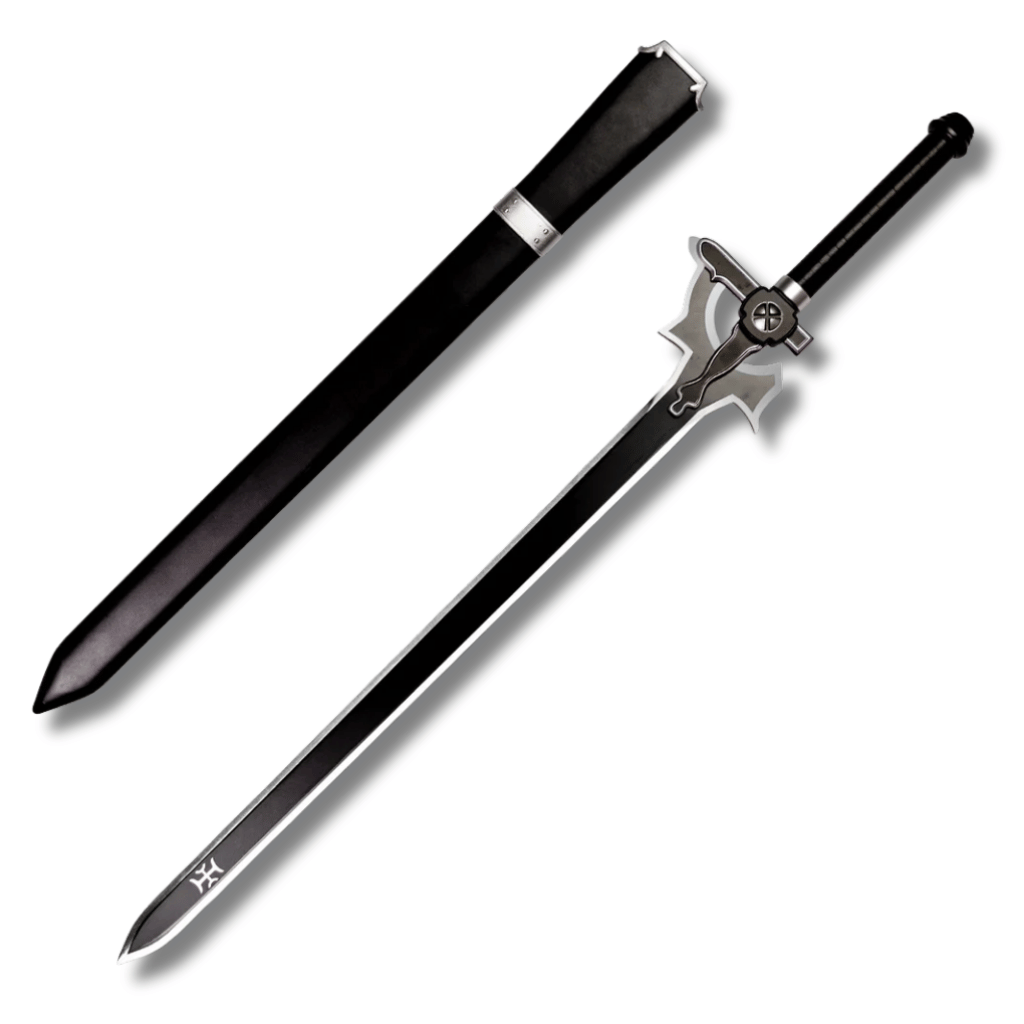 Réplica de la espada Elucidator de Kirito de Sword Art Online, con su característica hoja negra con bordes plateados, guarda detallada y su respectiva vaina negra con detalles metálicos.