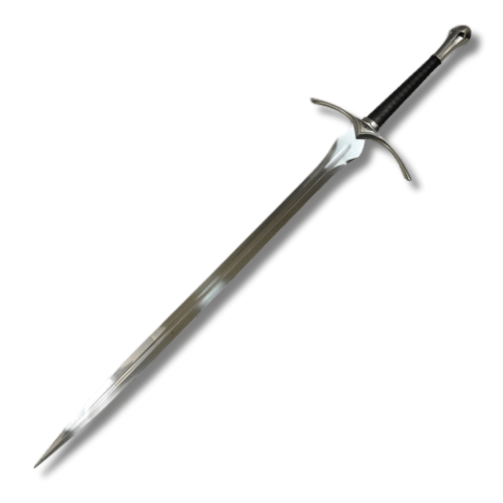 Réplica de la espada Glamdring de Gandalf de El Señor de los Anillos, con hoja de acero brillante, guarda y pomo plateados, empuñadura texturizada negra y su respectiva vaina negra.
