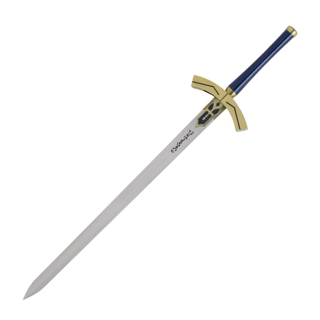 Réplica de la espada Excalibur de Artoria Pendragon de Fate/Stay Night, con hoja metálica plateada que presenta inscripciones grabadas, guarda dorada ornamentada y empuñadura azul oscura.