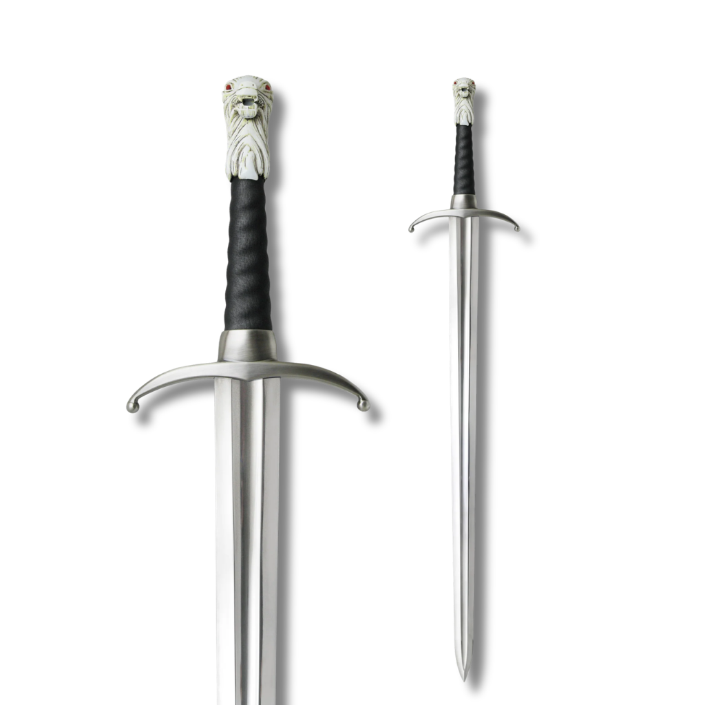 Réplica de la espada Garra de Jon Snow de Game of Thrones con hoja de acero brillante, empuñadura con cabeza de lobo blanco y su respectiva vaina negra.