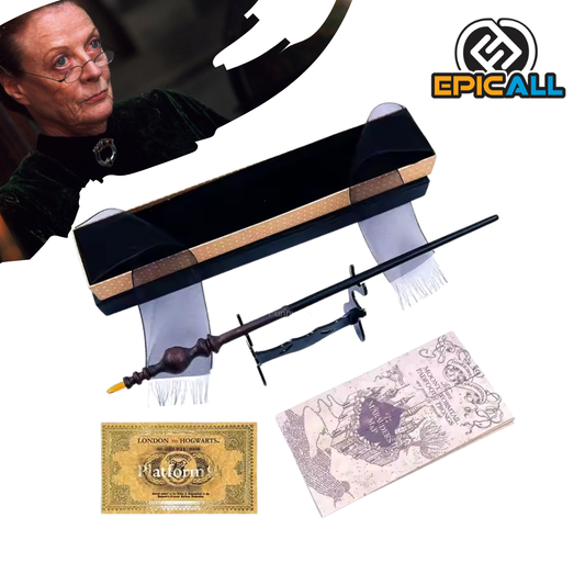 Un set de productos de Harry Potter que incluye una varita de madera, un mapa desplegable y un boleto de tren. La varita tiene un diseño elegante y detallado. El mapa es antiguo y muestra un castillo y sus alrededores. El boleto tiene el logo de Hogwarts y está escrito en pergamino.
