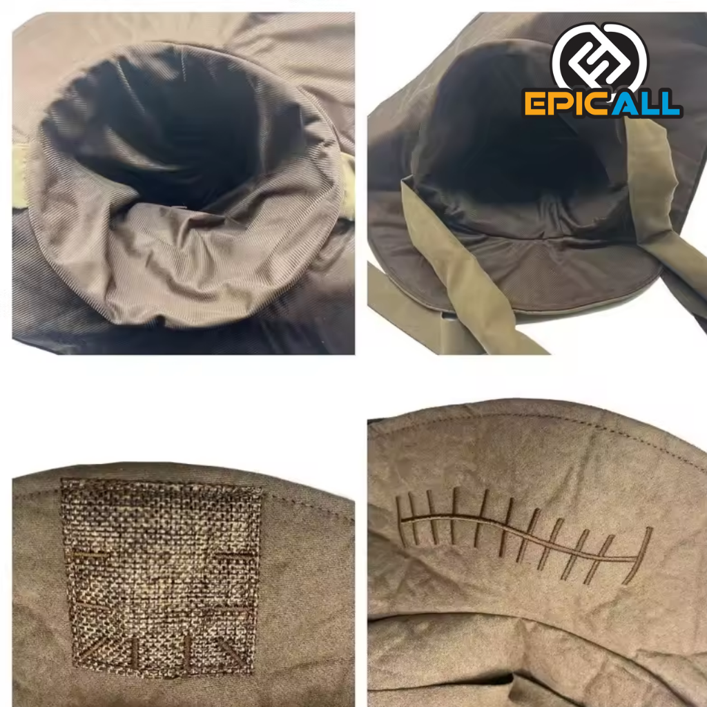 Un sombrero de copa puntiaguda de color marrón, con un aspecto desgastado y detalles bordados. El sombrero tiene una gran banda alrededor de la base y dos largas cintas que cuelgan a los lados.