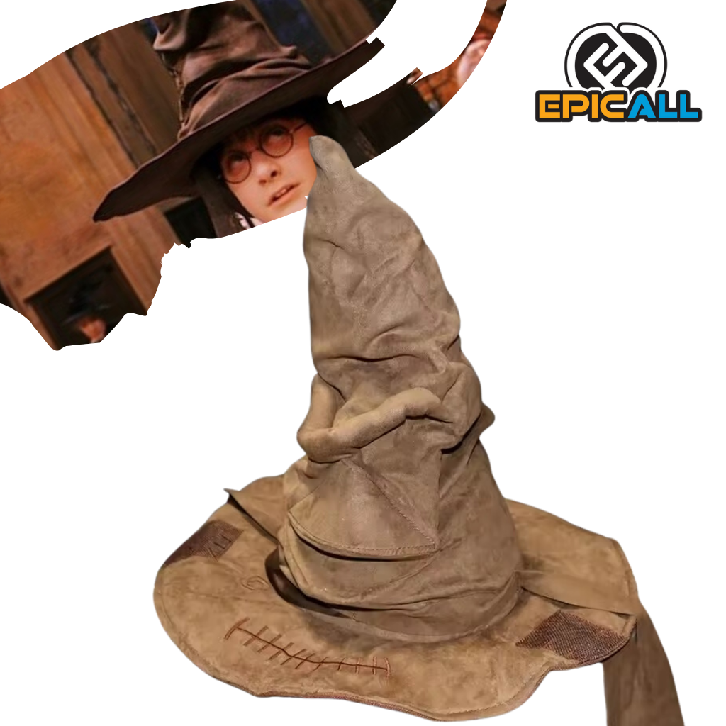 Un sombrero de copa puntiaguda de color marrón, con un aspecto desgastado y detalles bordados. El sombrero tiene una gran banda alrededor de la base y dos largas cintas que cuelgan a los lados.