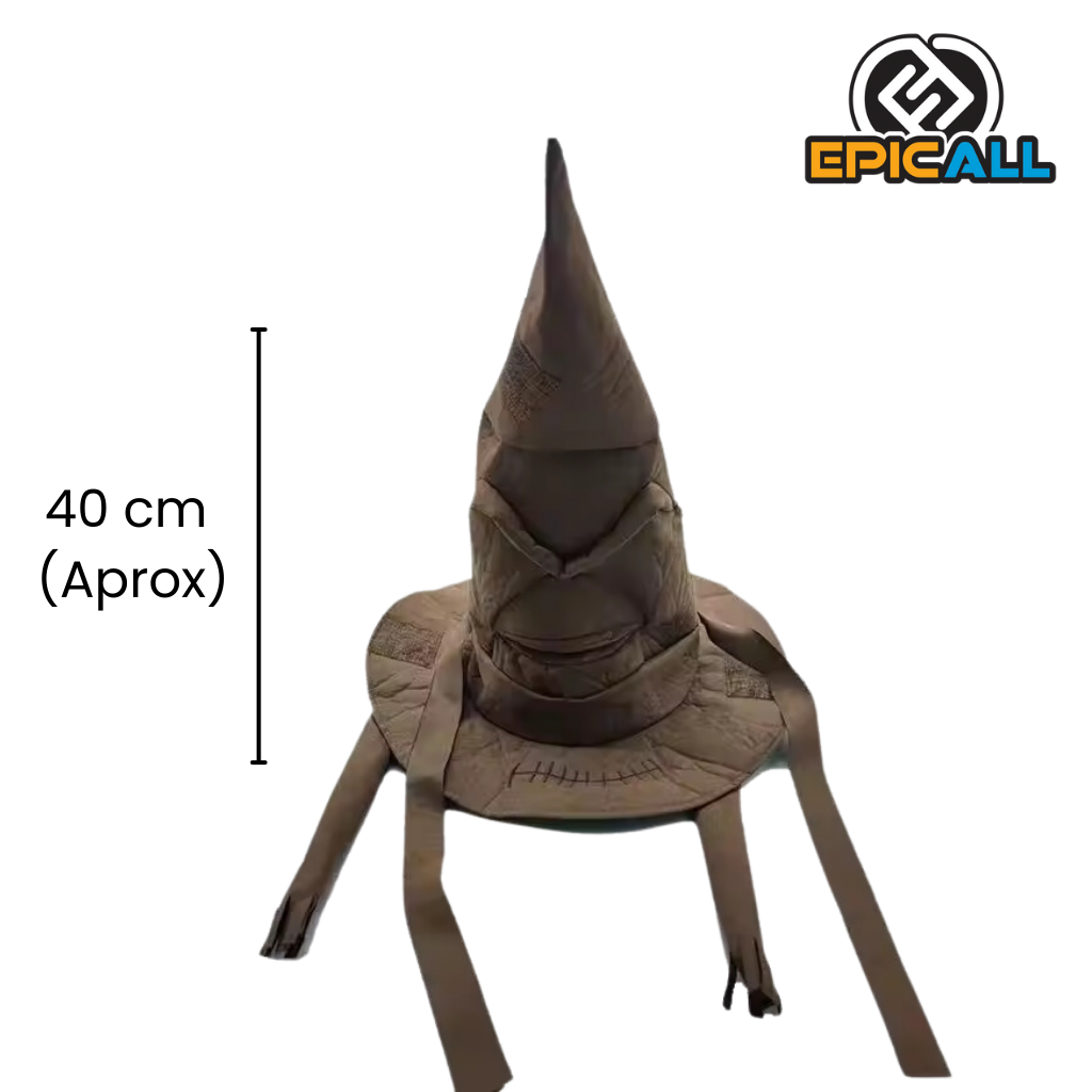 Un sombrero de copa puntiaguda de color marrón, 40 cm aproximado.